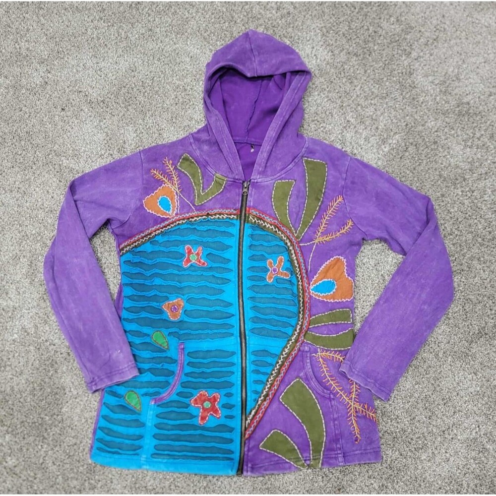 India Boutique Womens Large Boho Size  Hippie Embroided Whimsical Hoodie Jacket